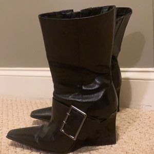 Black silver buckle wedge boots